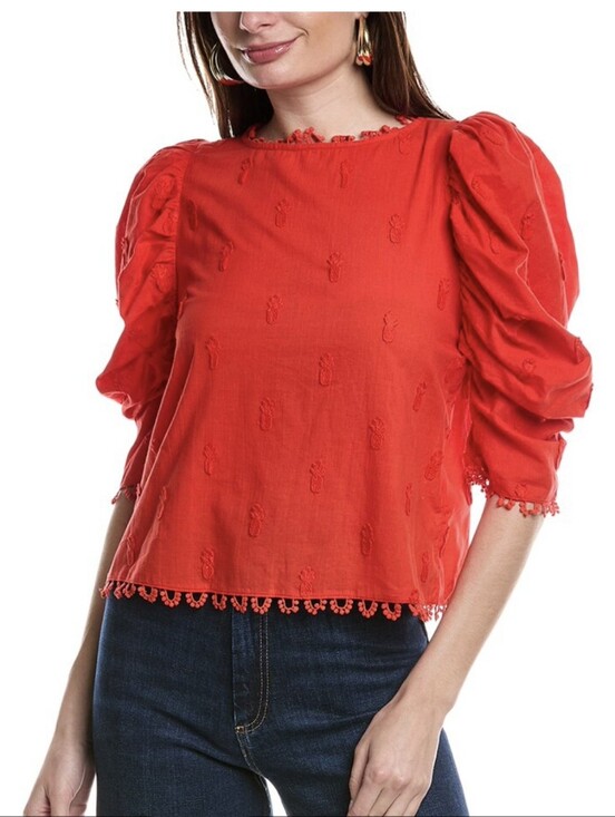 FARM Rio Tops - FARM Rio Red Puff-Sleeve Embroidered Cropped Blouse